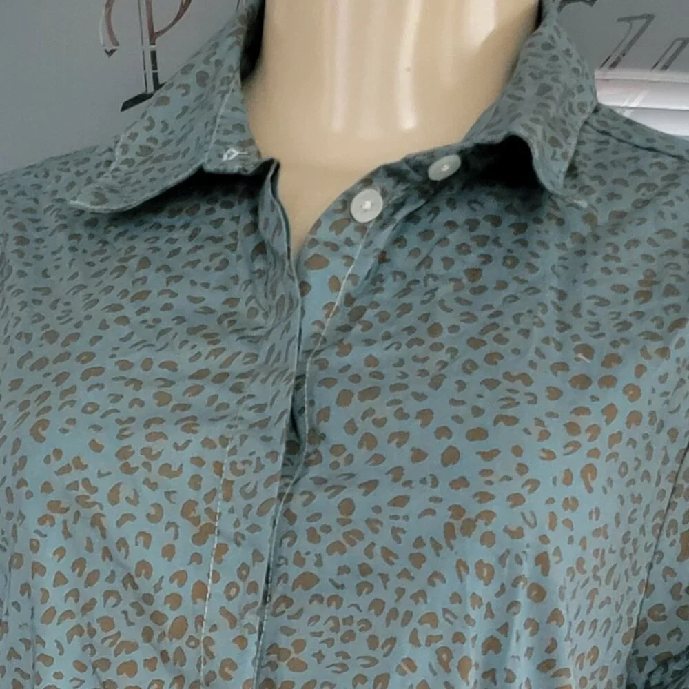 J. Crew Button Up Midi Shirt Dress Blue w Brown Animal Print - Picture 3 of 10